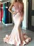 Mermaid Scoop Appliques Lace Satin Prom Dresses LBQ4318